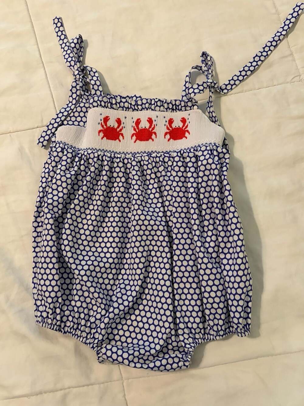 Classic Whimsy Blue White Polka Dot Hand Smocked Red Crab Baby Bubble 12 months